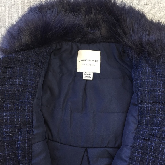 Janie+Jack Girls Navy Blue Dress Coat With Faux Fur Collar Size 6-12m NWT - Picture 8 of 8